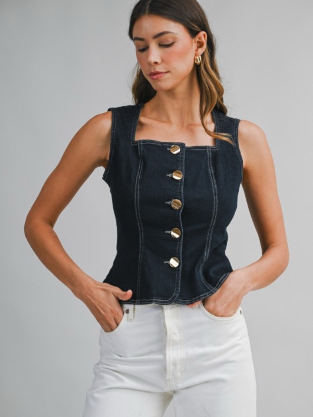 Square-Neck Dark Denim Button-Front Tank Top
